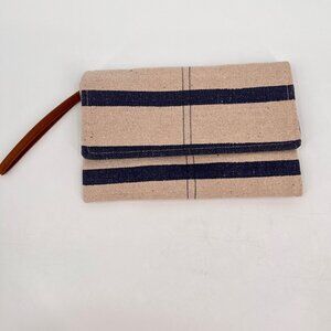 The Royal Standard Wristlet Clutch Beige Canvas Stripe Snap Closure Inner Strap